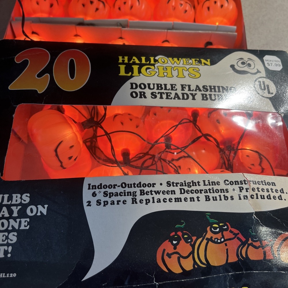Vtg Set of 2 20 Jack O Lantern Blow Mold Halloween String Lights, Pumpkin 10'